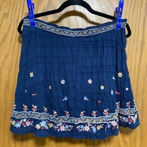 Francesca’s Blue Rain Skirt Women’s Lined NAVY Embroidered- SIZE L